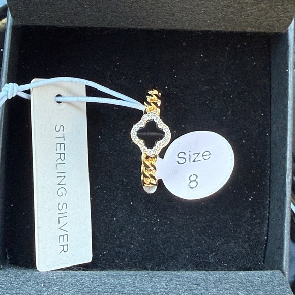 NWT Rachel Zoe 18k Gold Plated 925 Sterling Silver Black Onyx Clover Ring size 8 - Picture 2 of 8